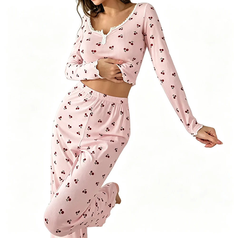 Women Printed Ribbed Long Sleeve And Long Pant Pajama Set Big U Square Collar With Lace 1edge Design