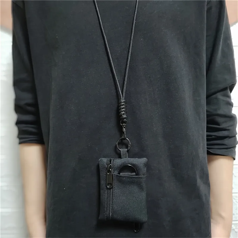 Original Japanese Casual Hanging Neck Mini Coin Card Holder Zipper Pouch Men and Women ins Key Small Bag with Lanyard