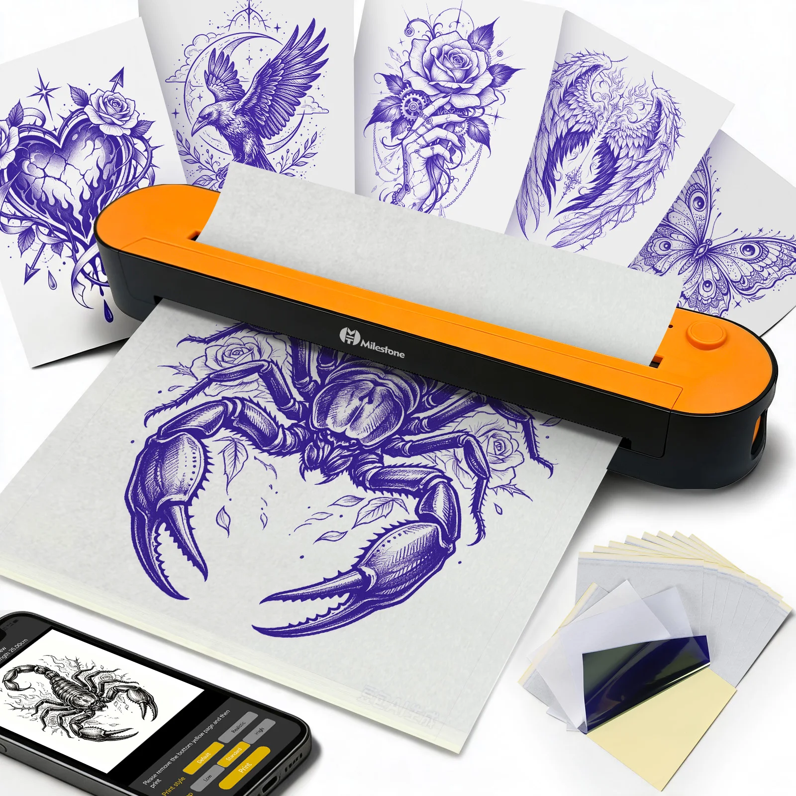 Wireless Milestone M13 Tattoo Stencil Printer, Rechargeable Bluetooth Inkless Tattoo Transfer Printer with 30Pcs Tattoo Transfer