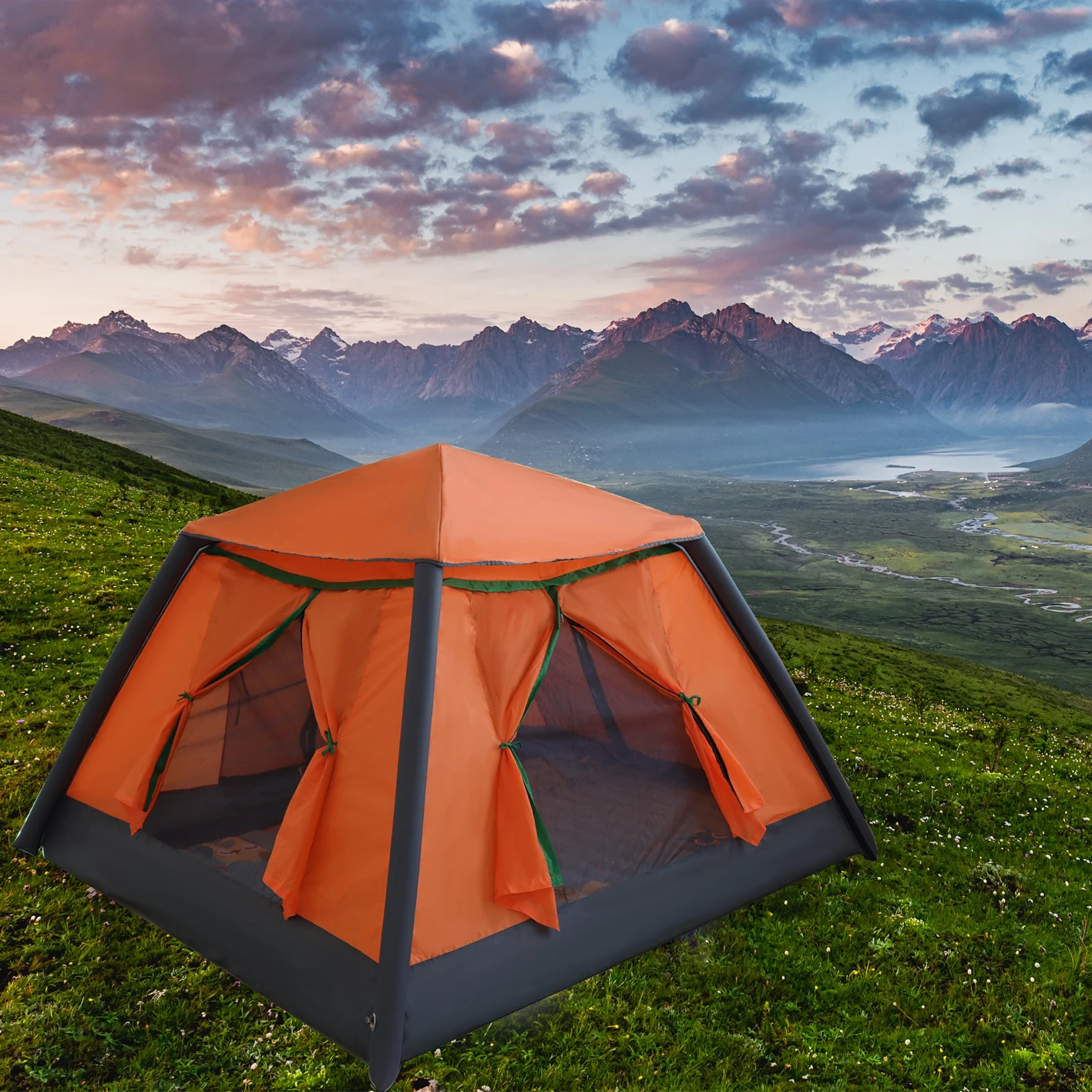 

210*195*140cm 2-3 Adults Inflatable Cushion 210T Oxford Hiking Beach Folding Camping Tent With Pump