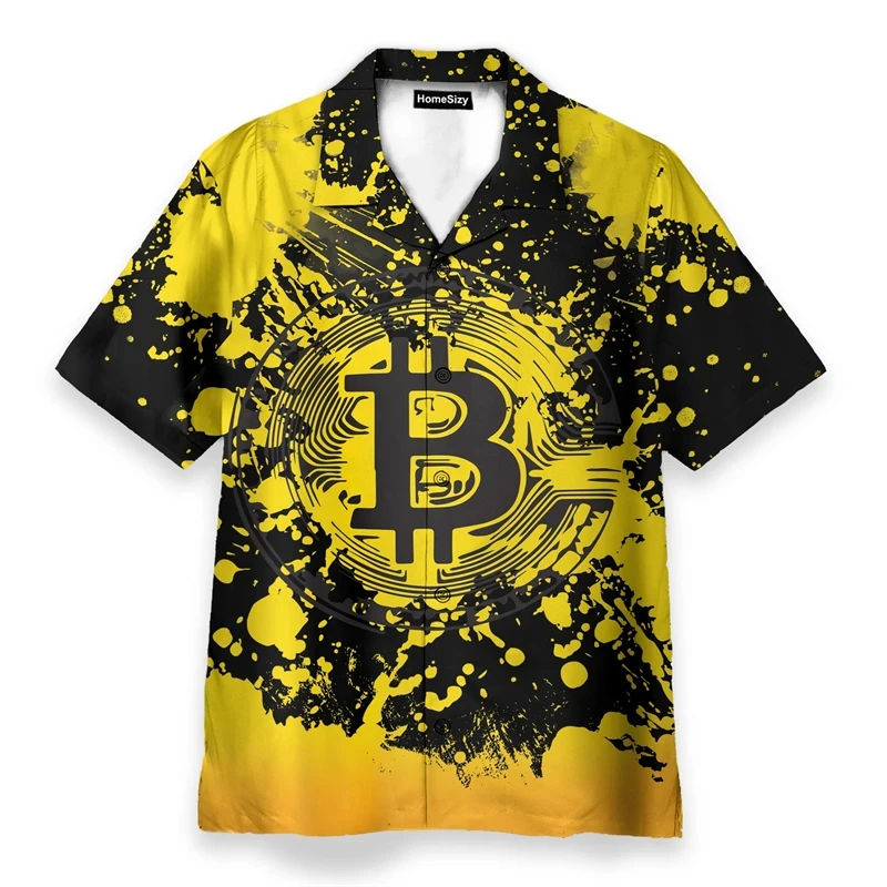 Full Printed Bitcoin Graphic Beach Shirts For Men Summer Short Sleeve Button Up Hawaii Vocation Shirt Mens Casual Blouse Shirts