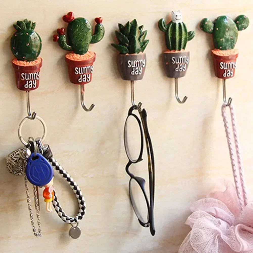 Adhesive Cactus Wall Hook Artificial Flower Pot plant Home Decor Storage Organizer Key Rack Bathroom Kitchen Towel Hanger Hook