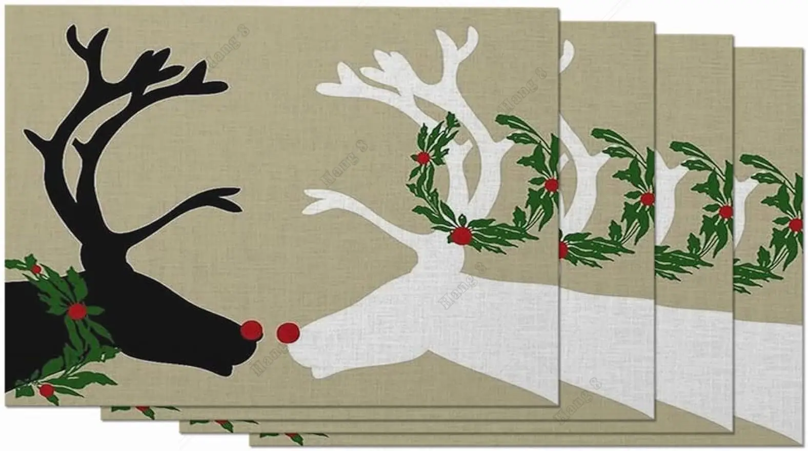 

Place Mat Set of 4 Christmas Reindeer Placemats Black White Green Red Garland Winter Non-Slip Washable Durable Table Mats