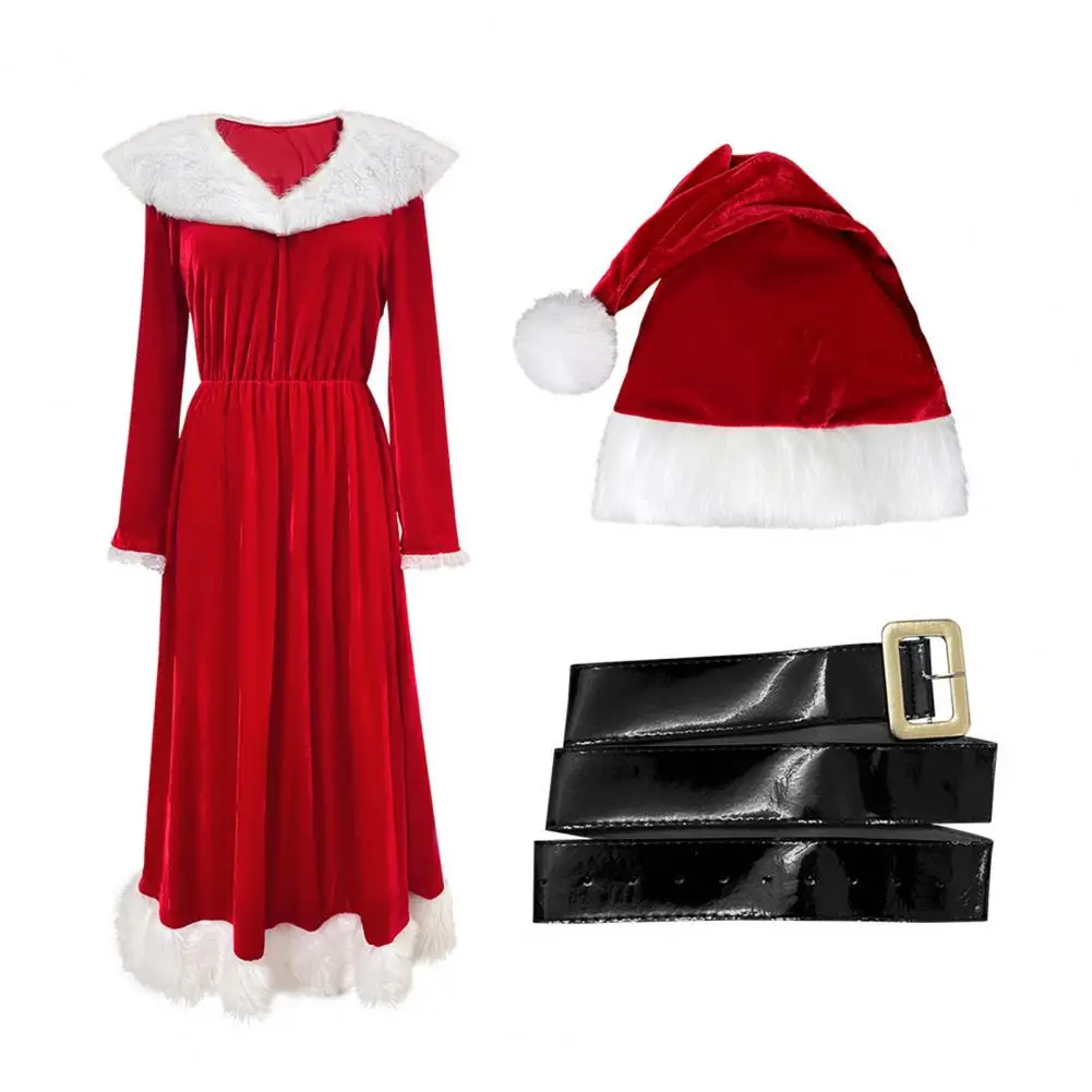 Conjunto de disfraz festivo de Navidad Disfraz de señora Claus Vestido de terciopelo con cinturón de sombrero de Papá Noel para mujer Cosplay festivo para vacaciones