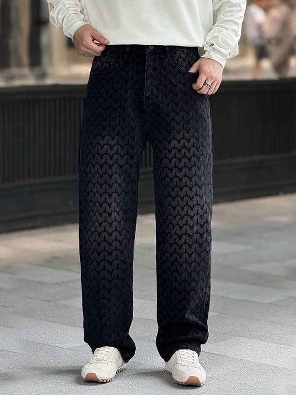 

Мужские джинсы American Sle High End с вышивкой, свободные, широкие штанины, повседневные, длинные брюки, средняя посадка, на молнии