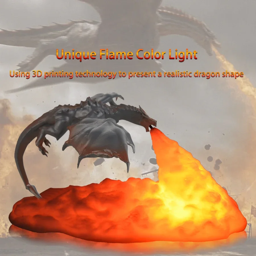 Unique 3D Printed Flying Dragon Flame Night Light Bedside Lamp Creative Children Gift Home Bedroom Decoration