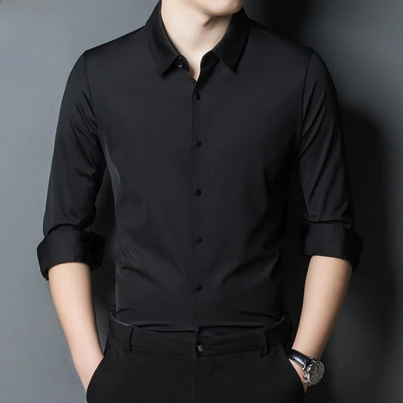 

Ice Silk Long Sve irt Men's Casual Drape Busin Mid-Year No Ironing Required Stand Fit Color Woven Fabric Spring