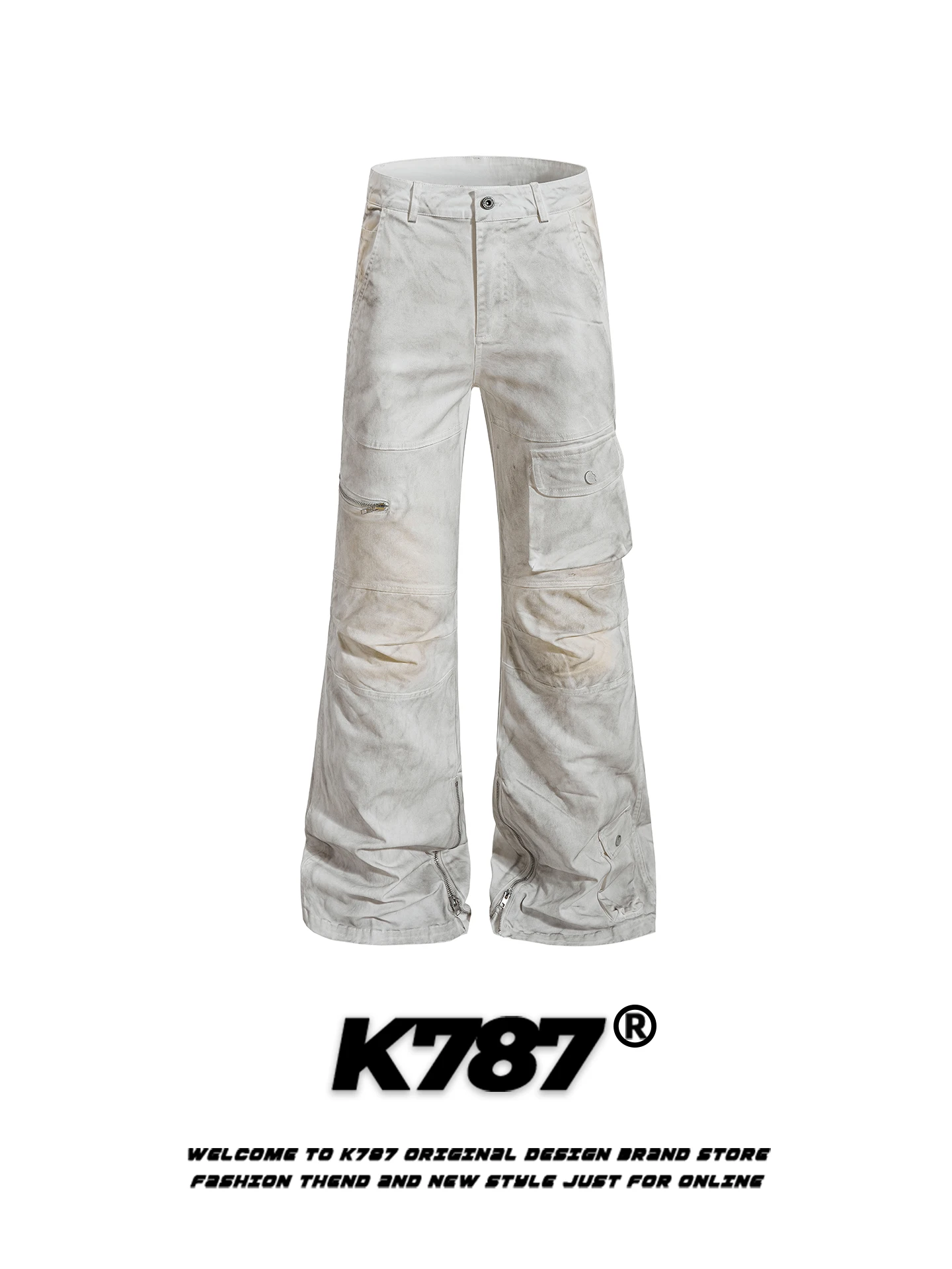 

K787 American Retro Dirtied Multiple kets Work Pants Men's Loose Casual High Waist Bell Bot Floor-Length Trousers