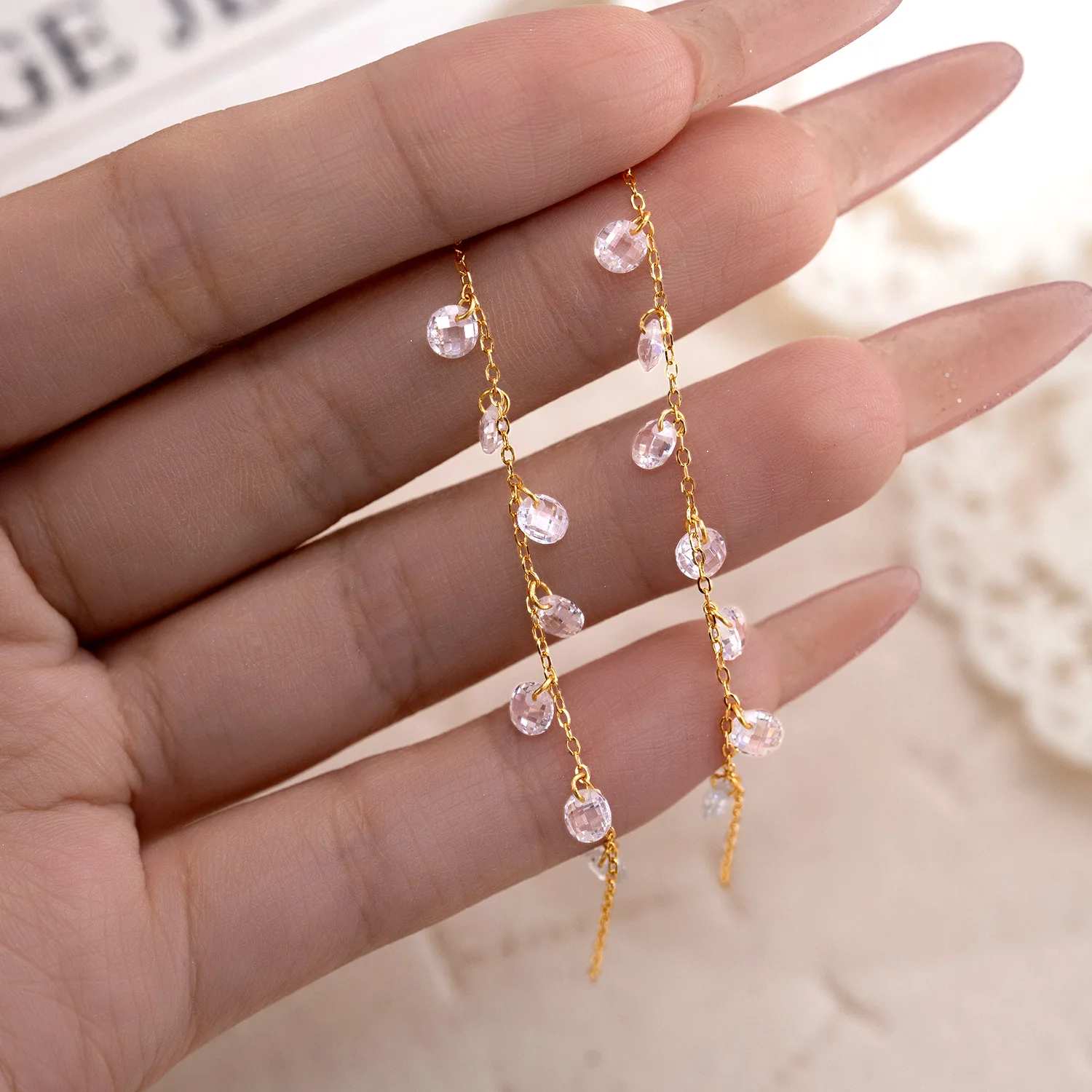 S925 Sterling Silver Threader Earrings Gold Plated Long Chain Dangle CZ Zircon Beads Pull Through Ear Jewelry for Women
