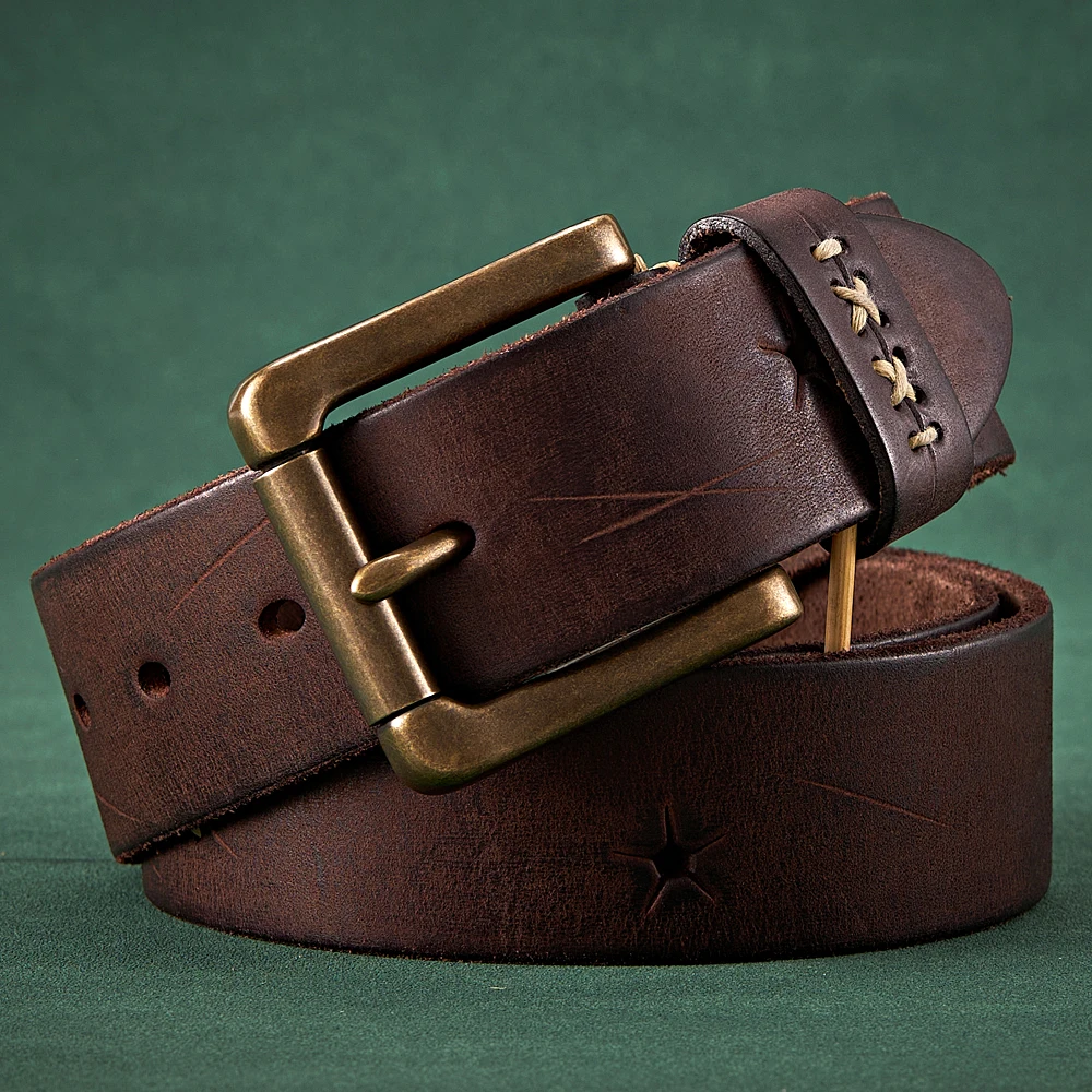 

Мужской ремень из натуральной кожи 3,8 см, высококачественный, с дизайнерской латунной пряжкой, из чистой воловьей кожи, винтажный, для джинсов