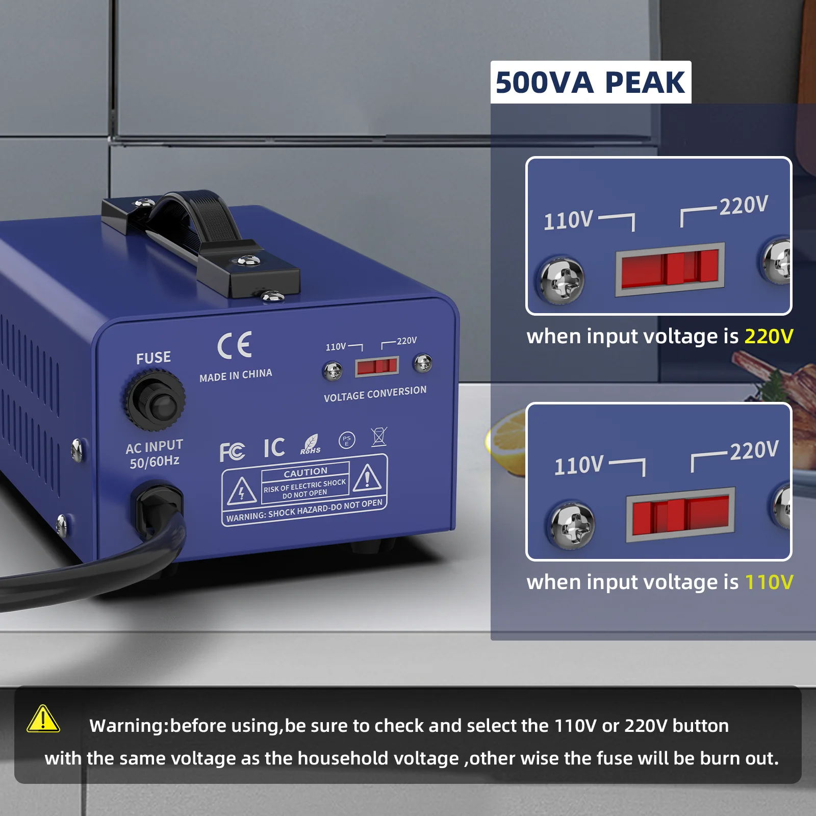 Voltage Converter Transformer, 500VA, Heavy Duty Step Up/Down Power Transformer, Convert from 110V to 220V and 220V to 110V, with EU Outlets, US Outlets, Power Cord, Circuit Breaker Protection for Traveling Camping view 2