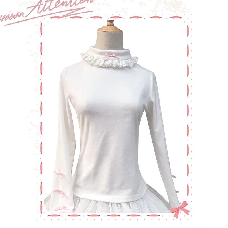 Japanese Style Original Autumn Winter New Fleece Lolita Thickened Warm Inner Top Sweet Cute Versatile  Base Shirt for Women