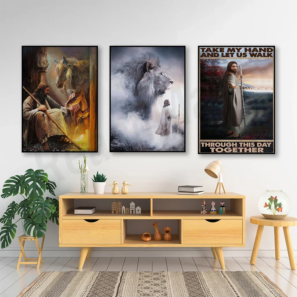 Take my hand and let us walk through the day together poster, God with horse, Awesome lion and Jesus poster, Jesus portrait
