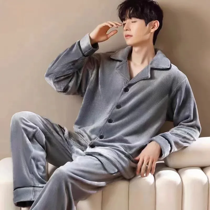 New Lapel Collar Button Coat + Long Pants Pajama Sets Men Winter Warm Flannel Pajamas Solid Soft Fleece 2 Pcs Homewear Sleepwear