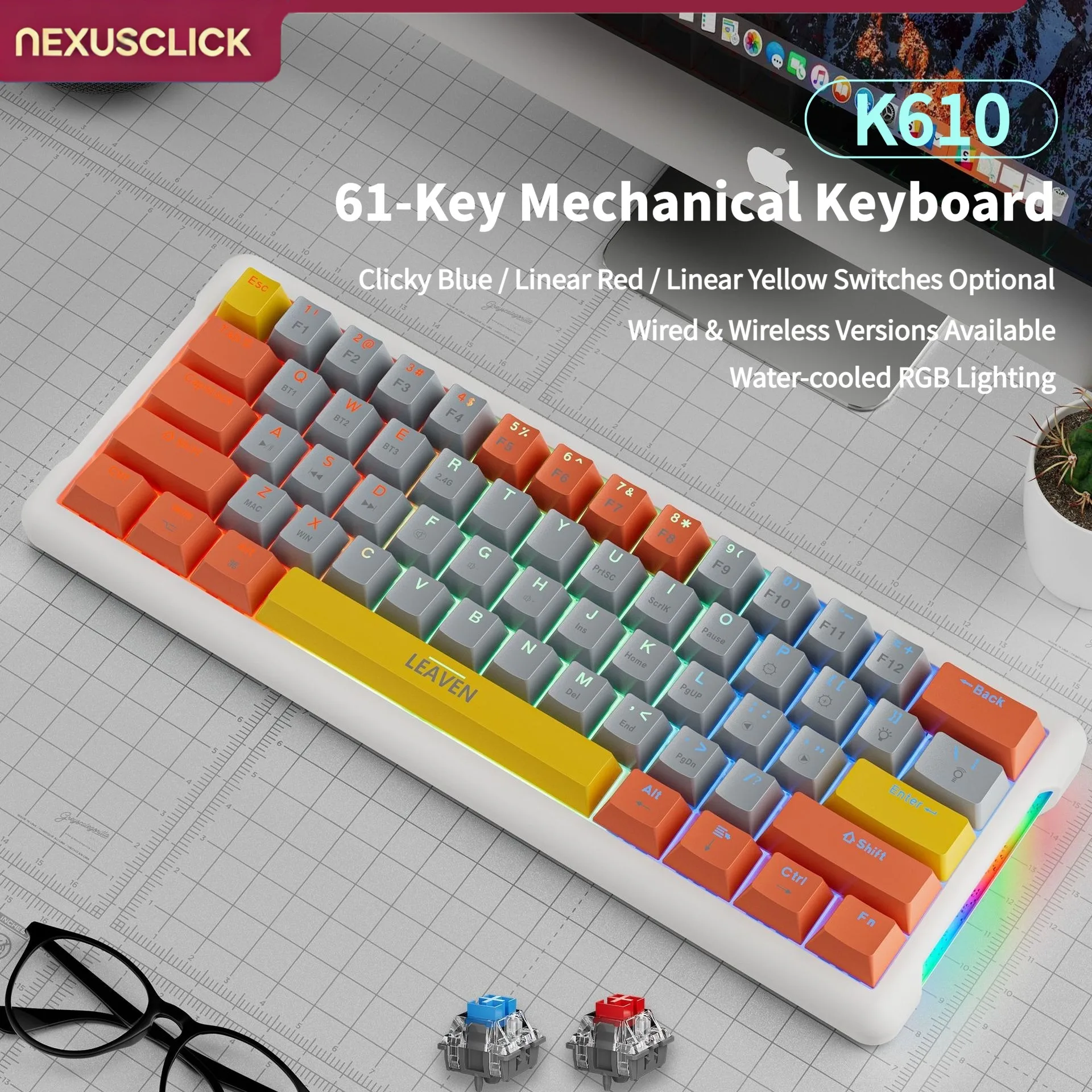 NexusClick Stylish Portable 60% Mechanical Keyboard,61 Keys Red Switch,Hot Swappable RGB Backlit Esports Gaming Keyboard for Mac