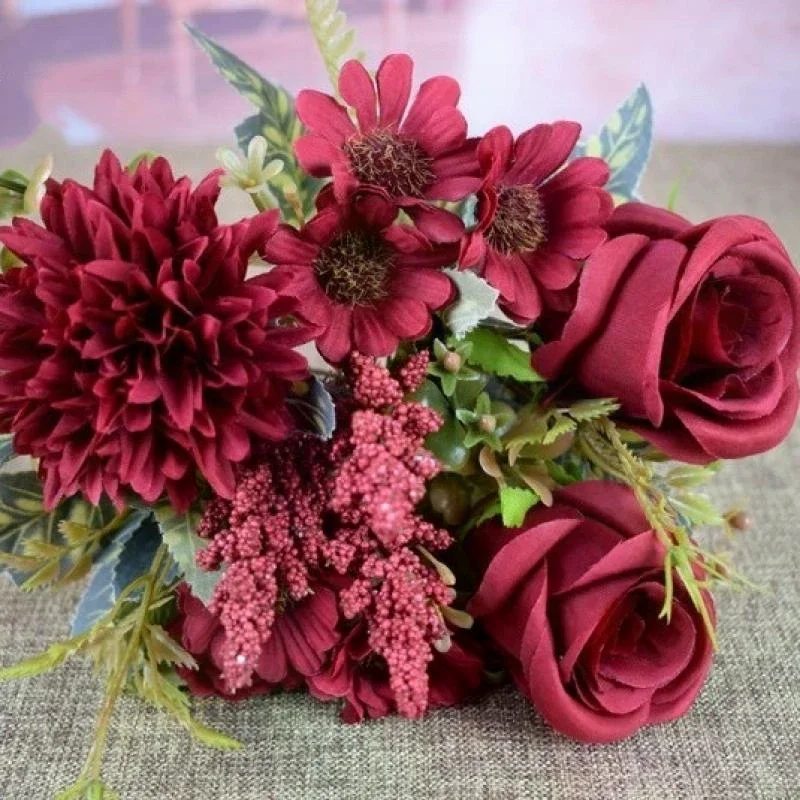 1Pc Artificial Roses Flowers Wedding Bridal Bouquet Garden Fake Silk Peony Hydrangeas Vase Home Decoration Photography Props