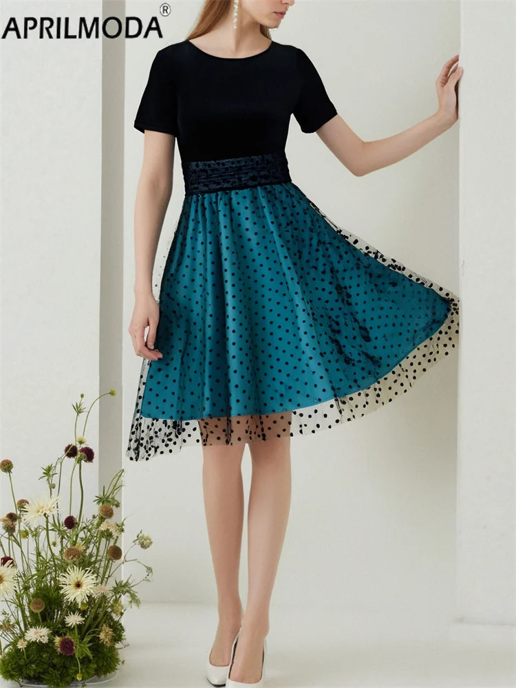 

Patchwork O Neck Office Lady Casual Vintage Long Dresses for Women Spring Summer High Waist Dotted Mesh Pleated 50s Retro Dress