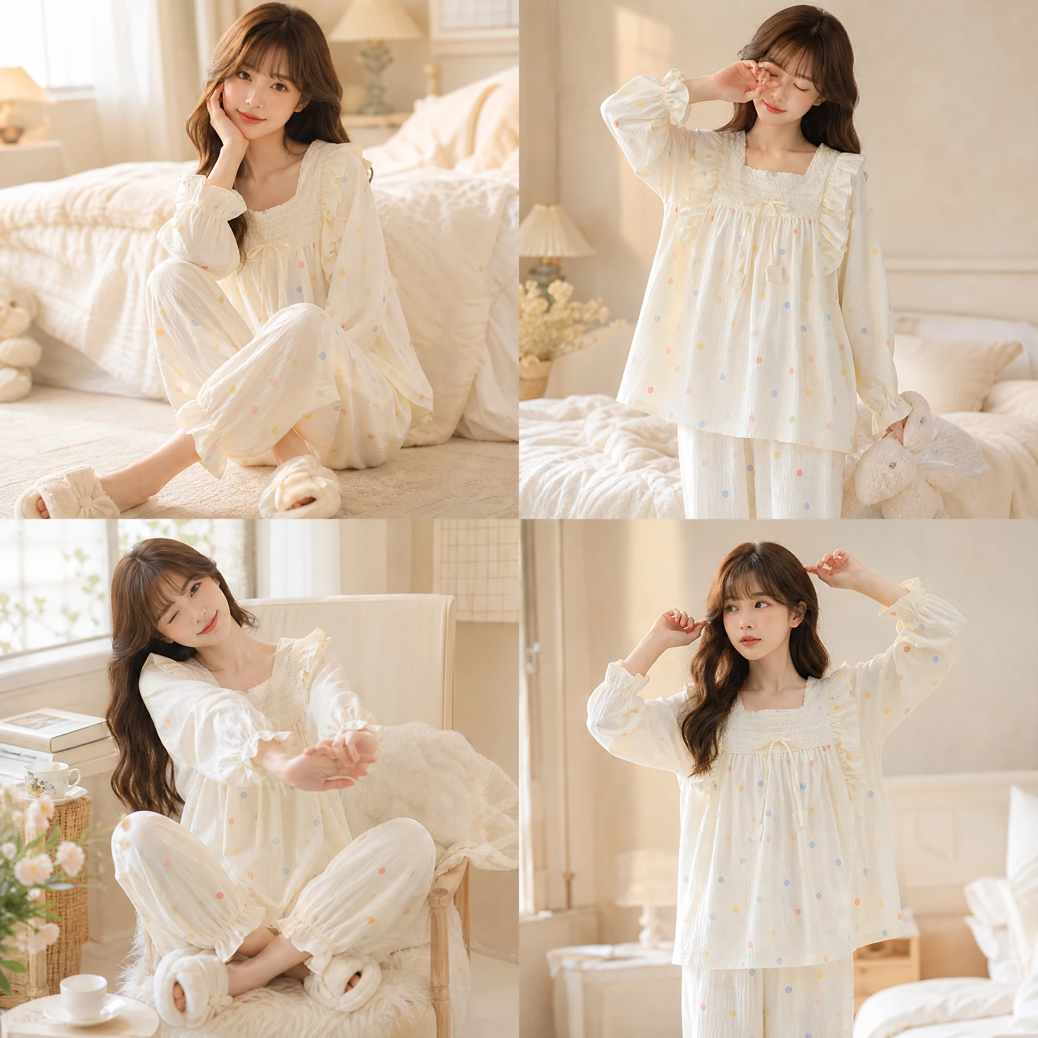 Long-sleeved Pajamas Set for Women Spring Autumn Princess Style Bow Korean Style Cute Home Wear 2-piece Set Pyjamas Loungewear