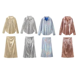 Taop&Za 2024 Spring New Product Women's Fashion Casual Metal Flip Collar Shirt Top Half Skirt Long Skirt Set