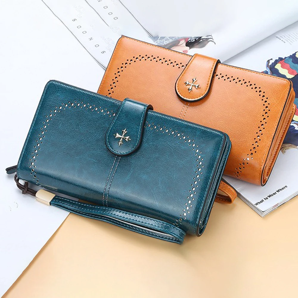 กระเป๋าสตางค์ยาวสำหรับผู้หญิง Baellerry พร้อมซิปคู่ ช่องใส่บัตรหลายช่อง ดีไซน์สร้างสรรค์ กระเป๋าคลัทช์เรียบง่าย ความจุเยอะ พร้อมสายคล้องมือ