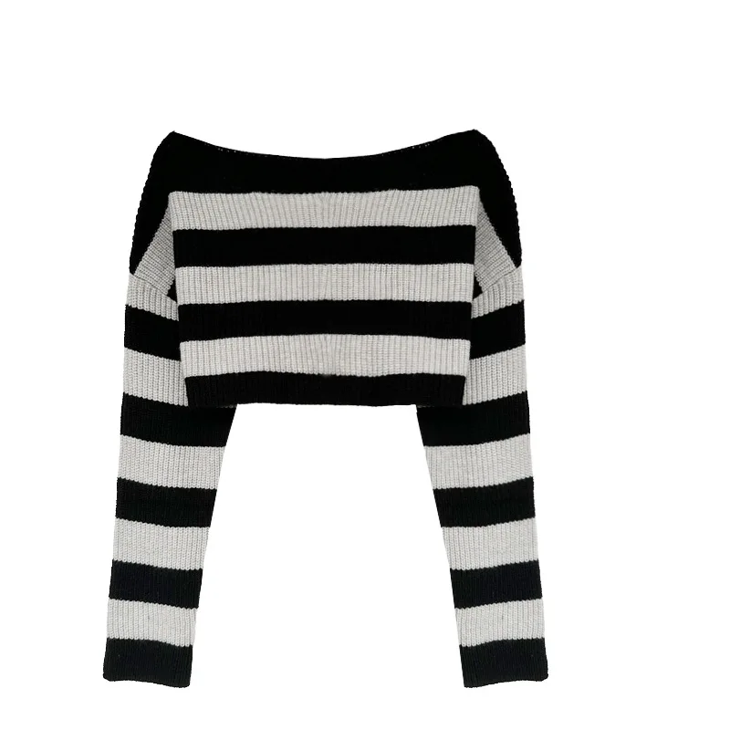 Long Sleeve Top Knitted Korean Fashion Striped Crop Sweaters Off The Shoulder Tops Cute Black Grey Striped Pullovers Knitwears