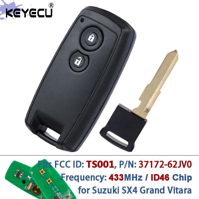 KEYECU FCC ID: TS001, P/N: 37172-62JV0 433MHz ID46 Chip Smart Keyless-Go Remote Key Blank Fob 2 Btn for Suzuki SX4 Grand Vitara
