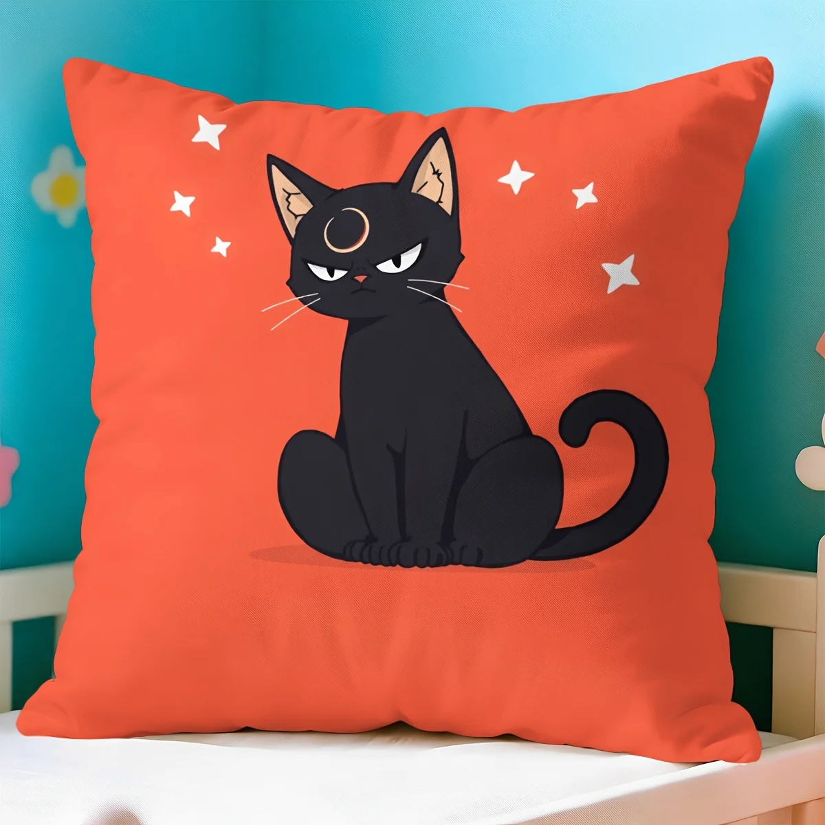 Black Cat Starry Night Pillow Cover Single Sided Short Plush 18x18 Inch Zipper Washable Home Decor Gift