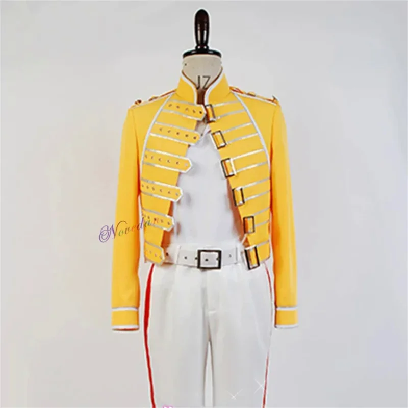 أزياء الملكة الرصاص فريدي ميركوري التأثيرية DJ Singer قاعة الرقص مرحلة سترة صفراء معطف قميص سروال الزي مجموعة كاملة