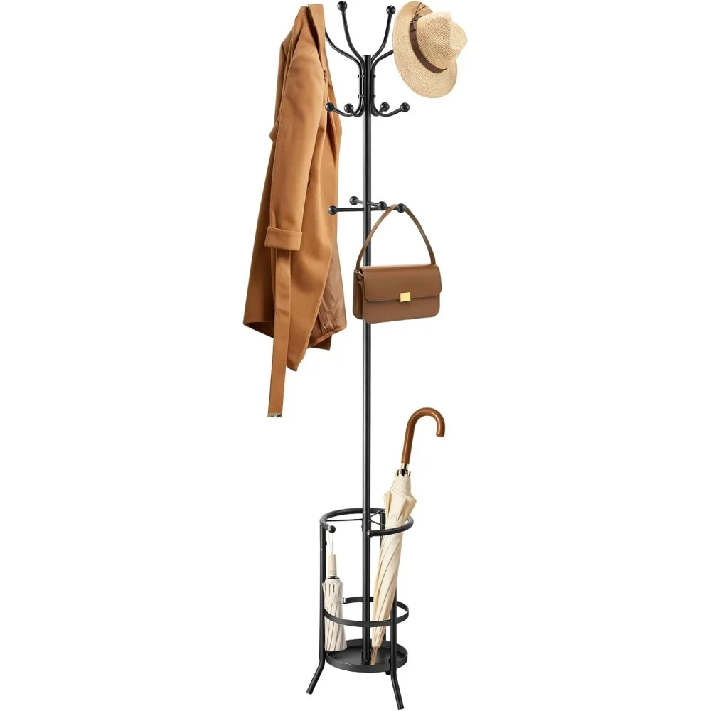 رف معطف قوي قائم بذاته مع حامل مظلة، شماعة شجرة شديدة التحمل مكونة من 12 خطافًا للمعيشة في المدخل #1