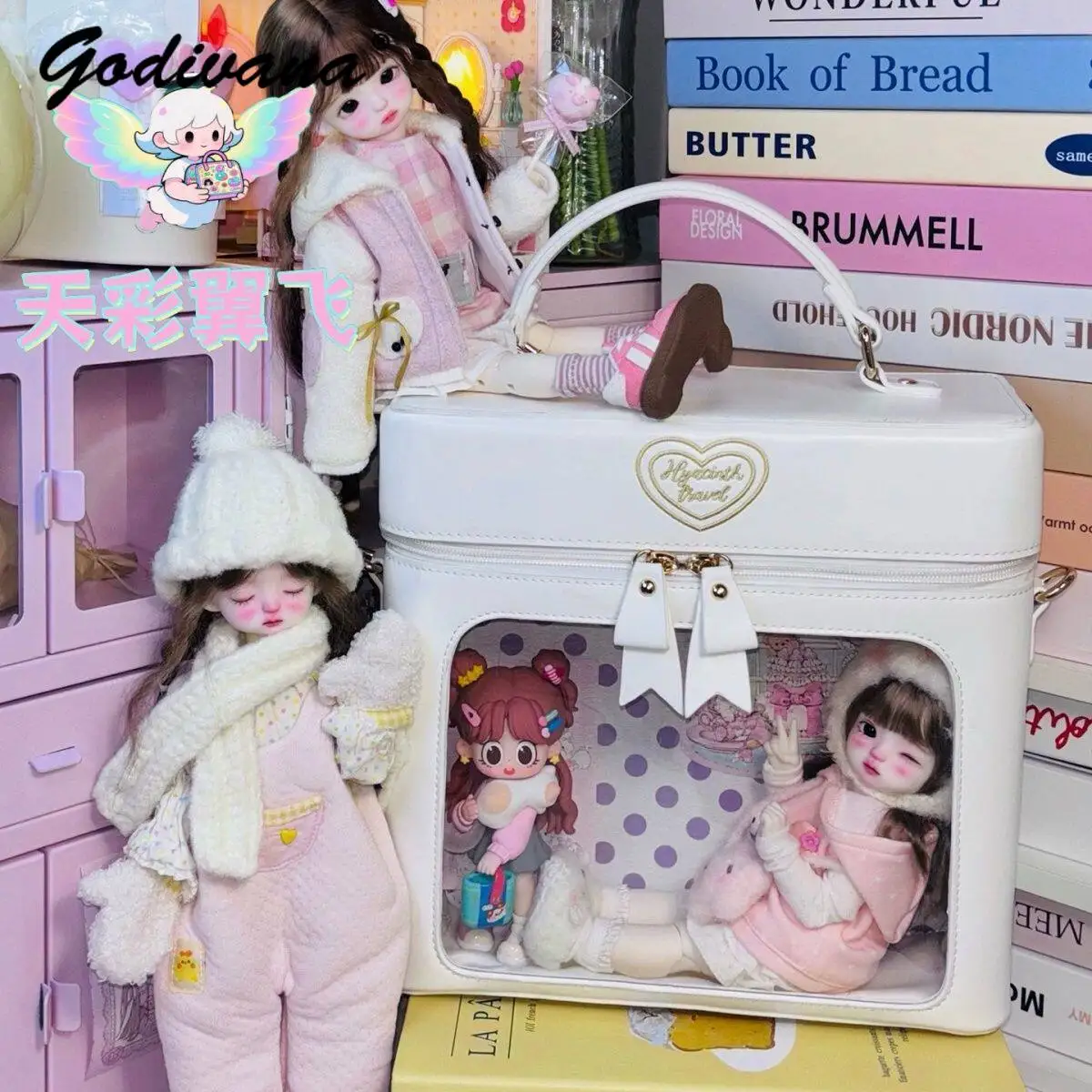 1/6 BJD Doll Travel Carrier Bag Cute Vintage Heart Embroidery Window Doll Storage Case Portable Doll Carry Box for 1/6 BJD
