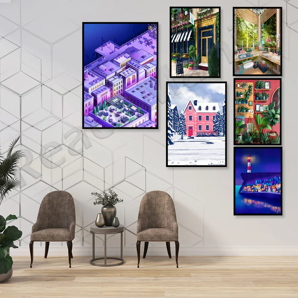 Plants, igloo, lighthouse in cozy town by the bay at night, pier roof at dawn, wacky breakfast food making process art poster