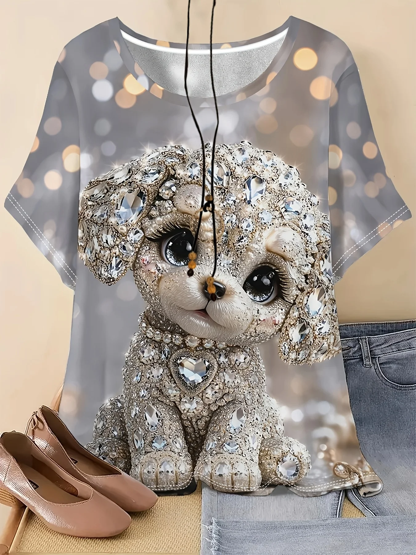 Women O‑neck Short Sleeve Tee Top Diamond Puppy Animal Print Casual Summer Daily Tops Women's Clothes