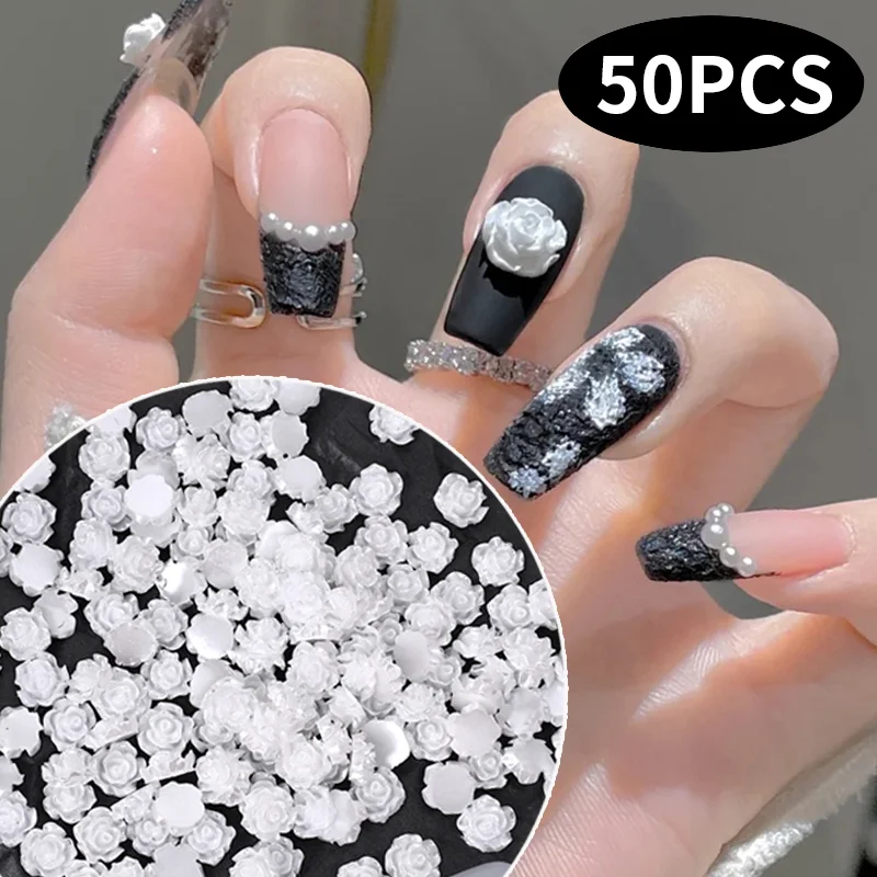 3D Camellia Flower Nail Art Decoration 50PCS Resin White Black Aurora Rose DIY French Nails Design Charming Jewelry Accessories