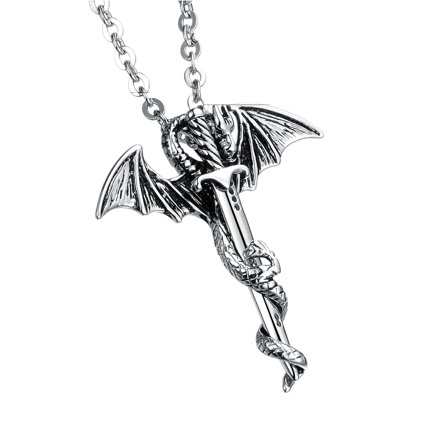 Fashion Vintage Charm Pterosaurs Sword Necklace Flying Dragon With Wings Rolled Pendant Cross Punk Jewelry Men Women