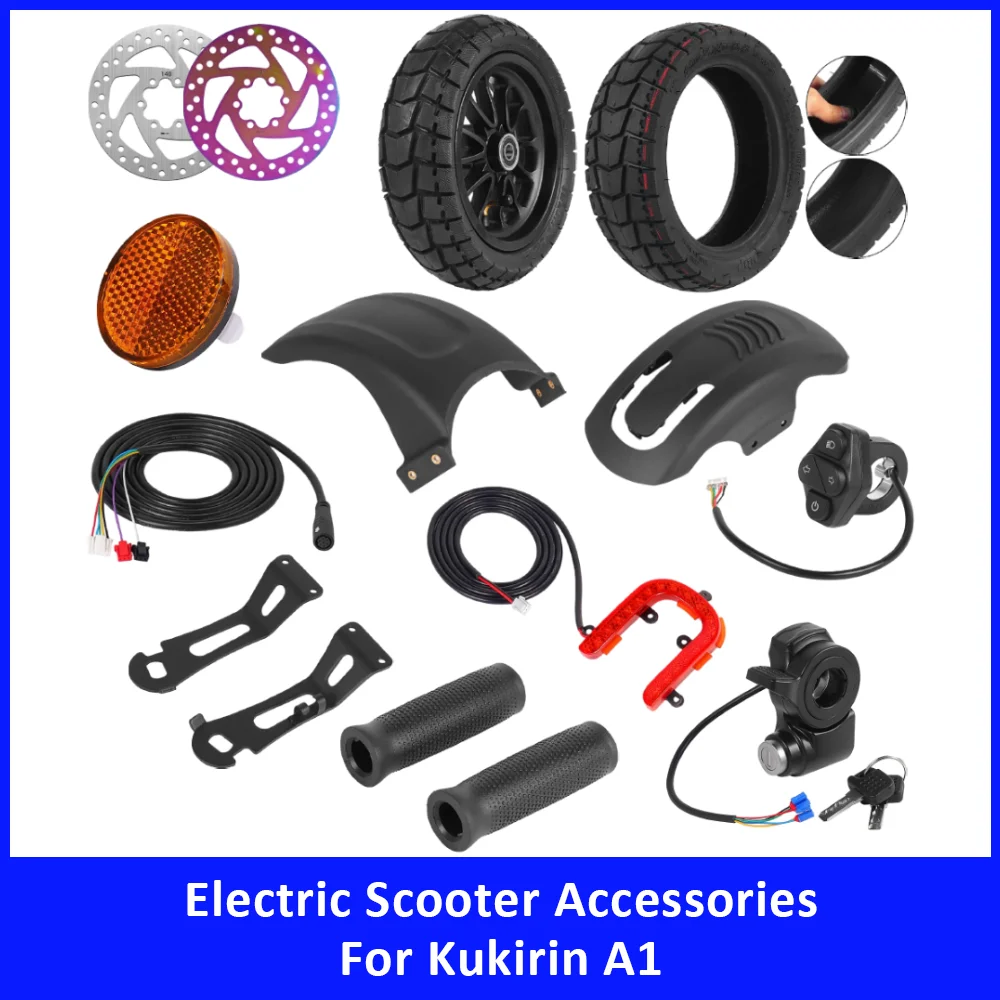 

Аксессуары для самоката Kukirin A1: кабель передачи данных, колесо 10x2.75-6.5, крыло, задний фонарь, переключатель, ручка газа, самовосстанавливающаяся шина, запчасти