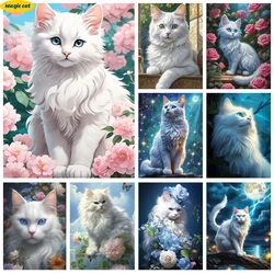 White Cat And Flowers AB Diamond Art Painted Persian Cat Diamond Embroidery Cross Stitch Cute Pet Home Wall Decoration Hand Gift