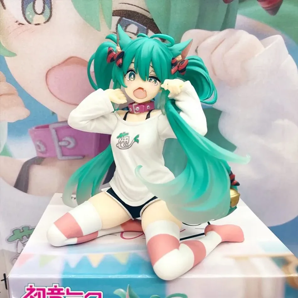 Hatsune Miku Desktop Boneco de ação fofo 11 cm Neko Camiseta Ver. Estatueta de anime Kawaii menina modelo brinquedo presente