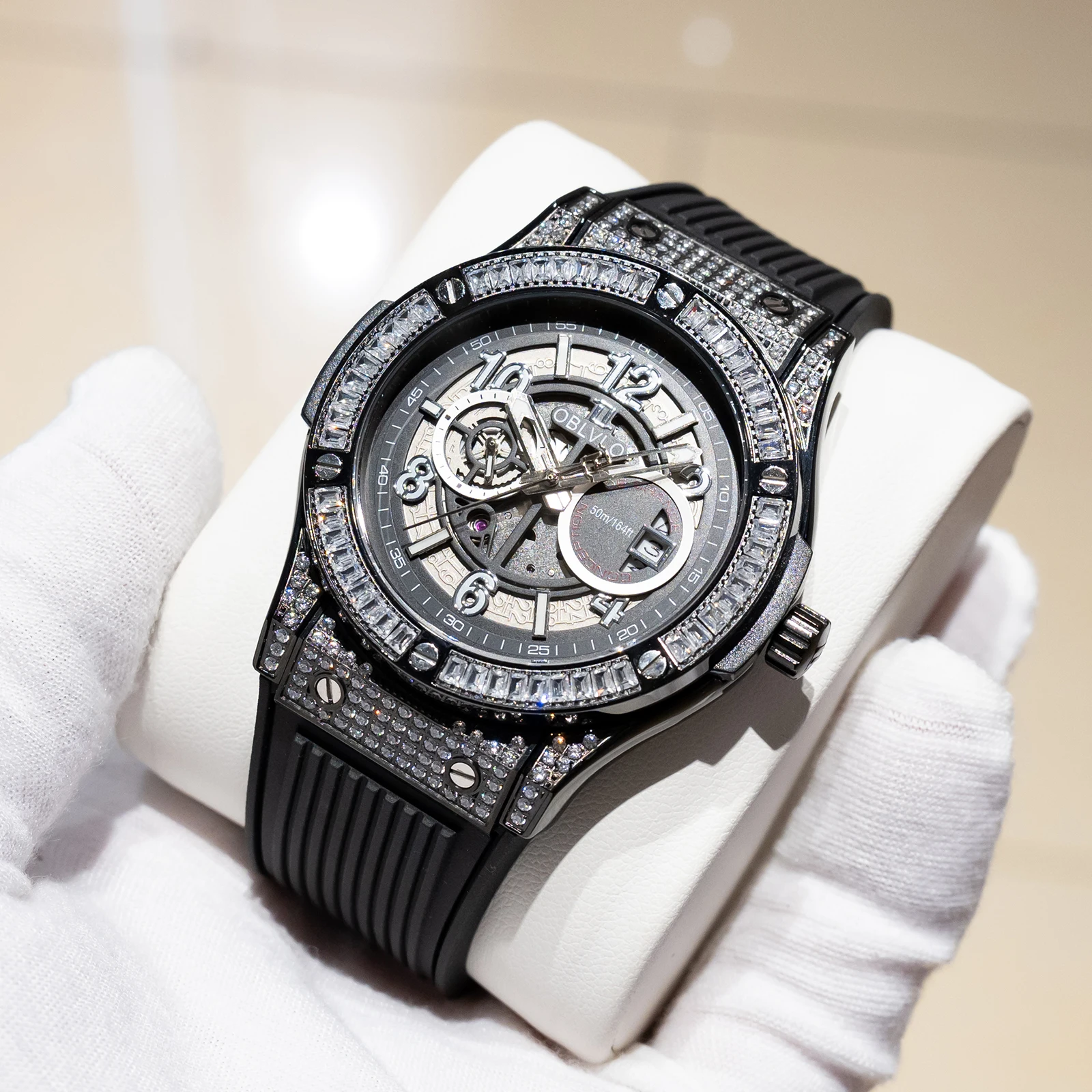 OBLVLO Men Automatic Watch 44mm Mechanical Wristwatch 5ATM Waterproof Sapphire Mirror Luminous Skeleton Dial Miyota 8217