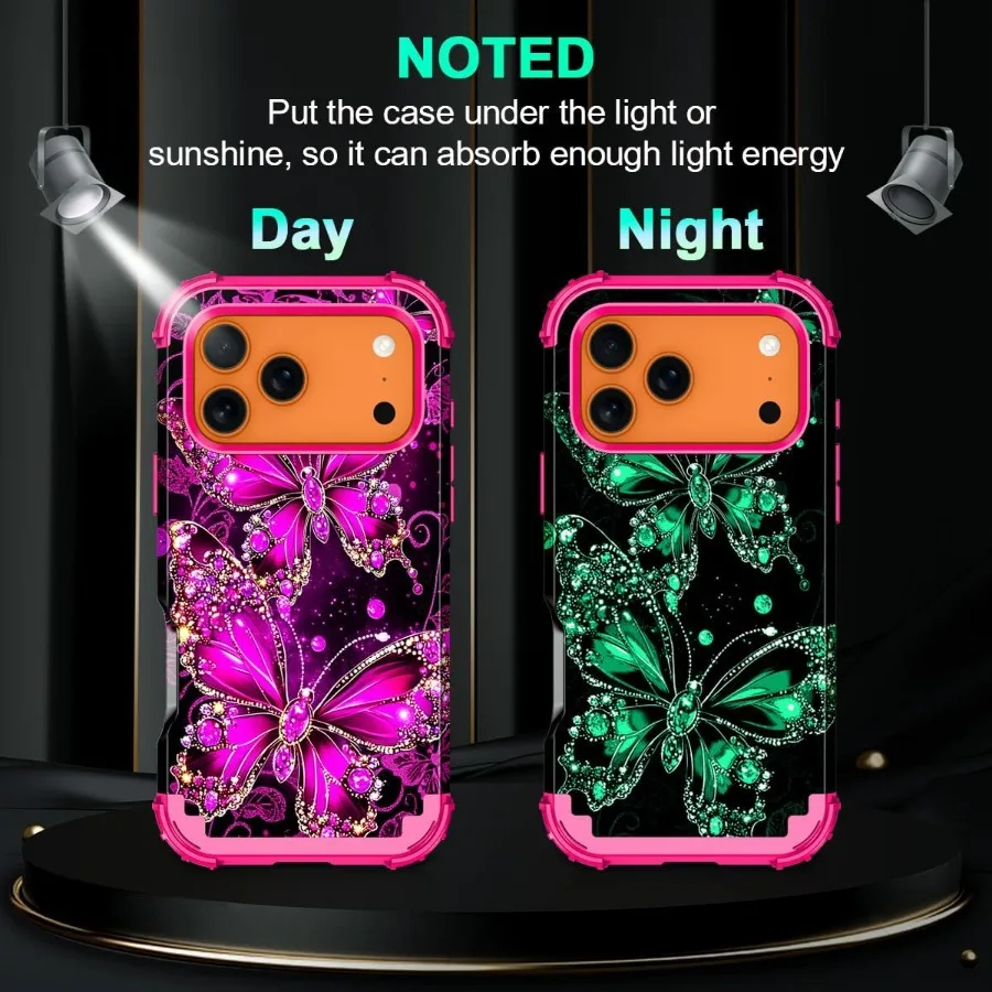 حافظة لهاتف آيفون 17 برو ماكس تتوهج في الظلام ثلاث طبقات شديدة التحمل وقوية ومضادة للصدمات حماية كاملة متينة من البولي كربونات الصلبة + ناعمة