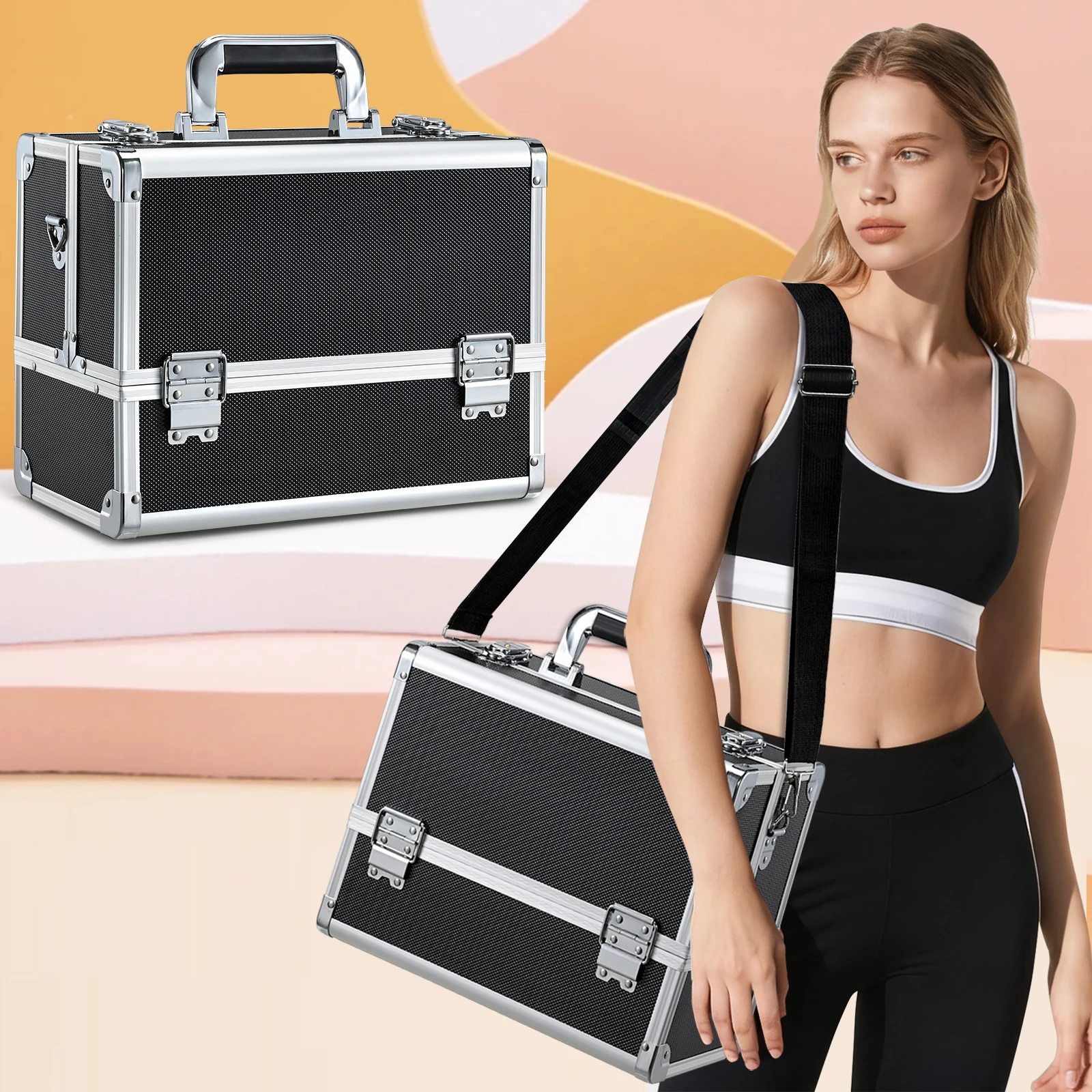 

Large Makeup Case Makeup Train Case Professional Make Up Train Carrying Case 6 Trays Lock Shoulder Strap Hard Vanity Storage