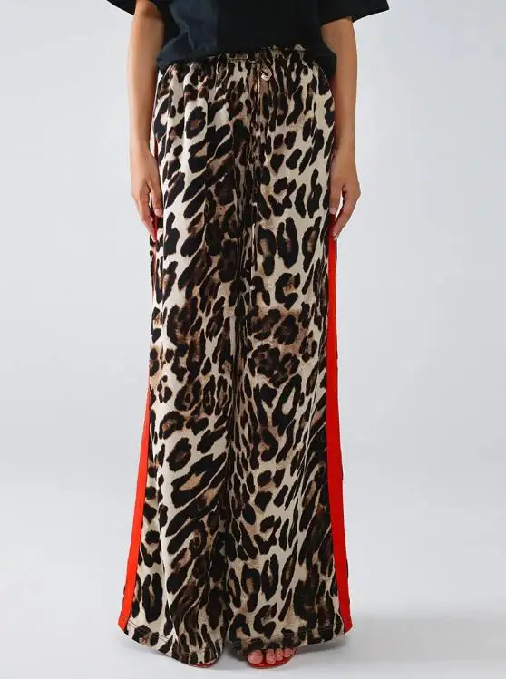 レディース レオパード柄 ワイドレッグパンツ レッドコントラストストライプ付き スタイリッシュ カジュアル ストレートレッグ ワイドレッグパンツ