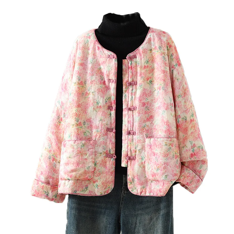 New Chinese Sle Women's Cotton Jaet Lightweight Printed Cotton Coat with Button Loose Fit Long Sve round Ne Winter Coat