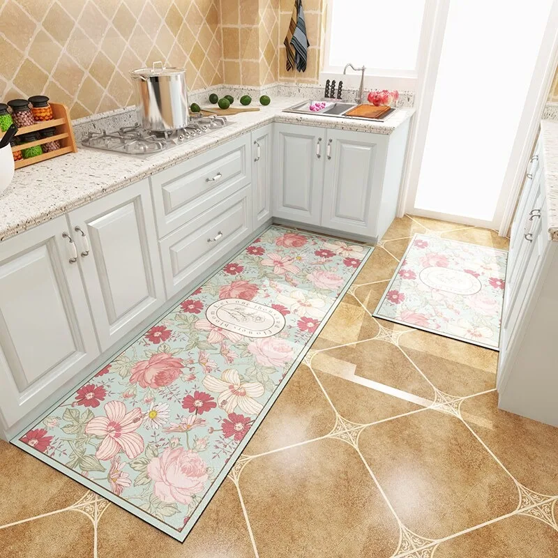 Blue Decorative Grid PVC Leather Kitchen Rug Waterproof Oil-proof Stain-resistant Carpet Large Area Non-slip Floor Mats Alfombra