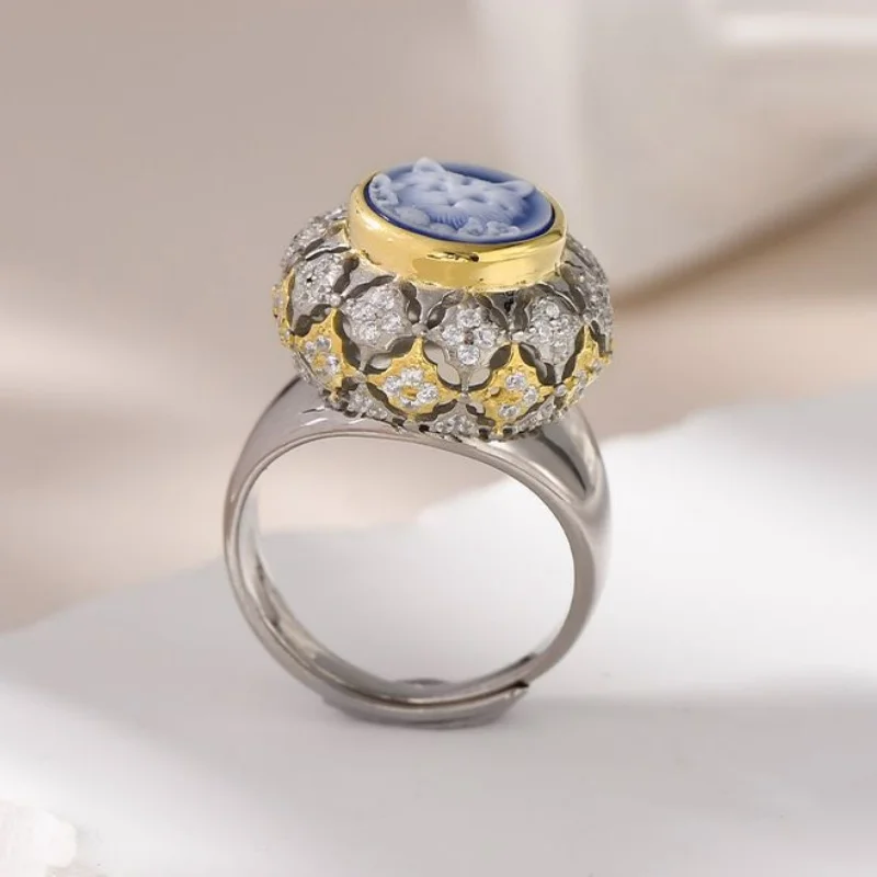 

S925 Sterling Silver Charms Rings for Women New Fashion Cute Kitty Contrast Colored Hollow Inlaid Agate Zircon Jewelry Wholesale