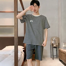 Conjunto de pijama de manga corta para hombre, ropa de dormir informal a rayas, 2024 algodón, holgada, coreana, para el hogar, 100%