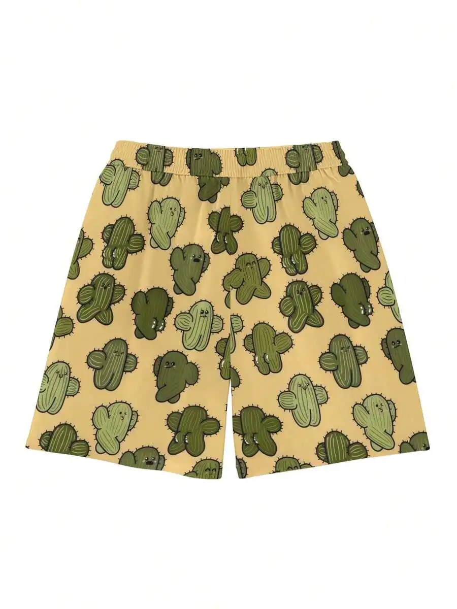 

Mens Casual Cactus Print Shorts With Drawstring Waist