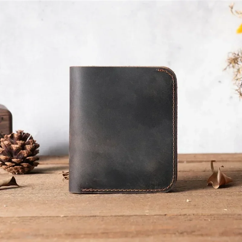 100% Genuine Leather Wallet for Men Male Brand Vintage Handmade Short Small Men's Purse Card Holder with Zipper Coin Pocket Bag
