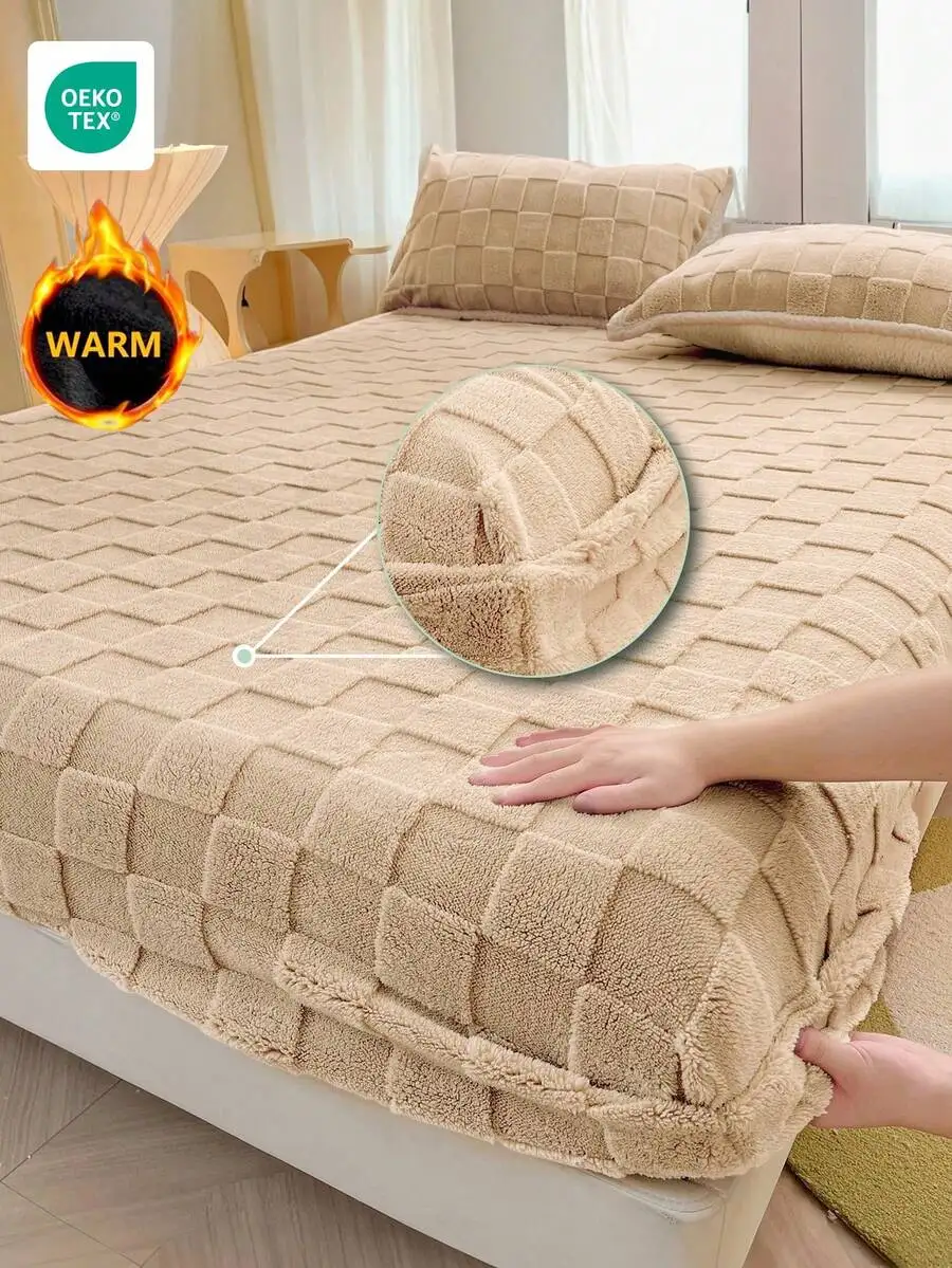 

1 шт. Теплая простыня на резинке, мягкий плюшевый чехол для кровати в клетку, сертифицирован OEKO-TEX, для кроватей размера Queen/King
