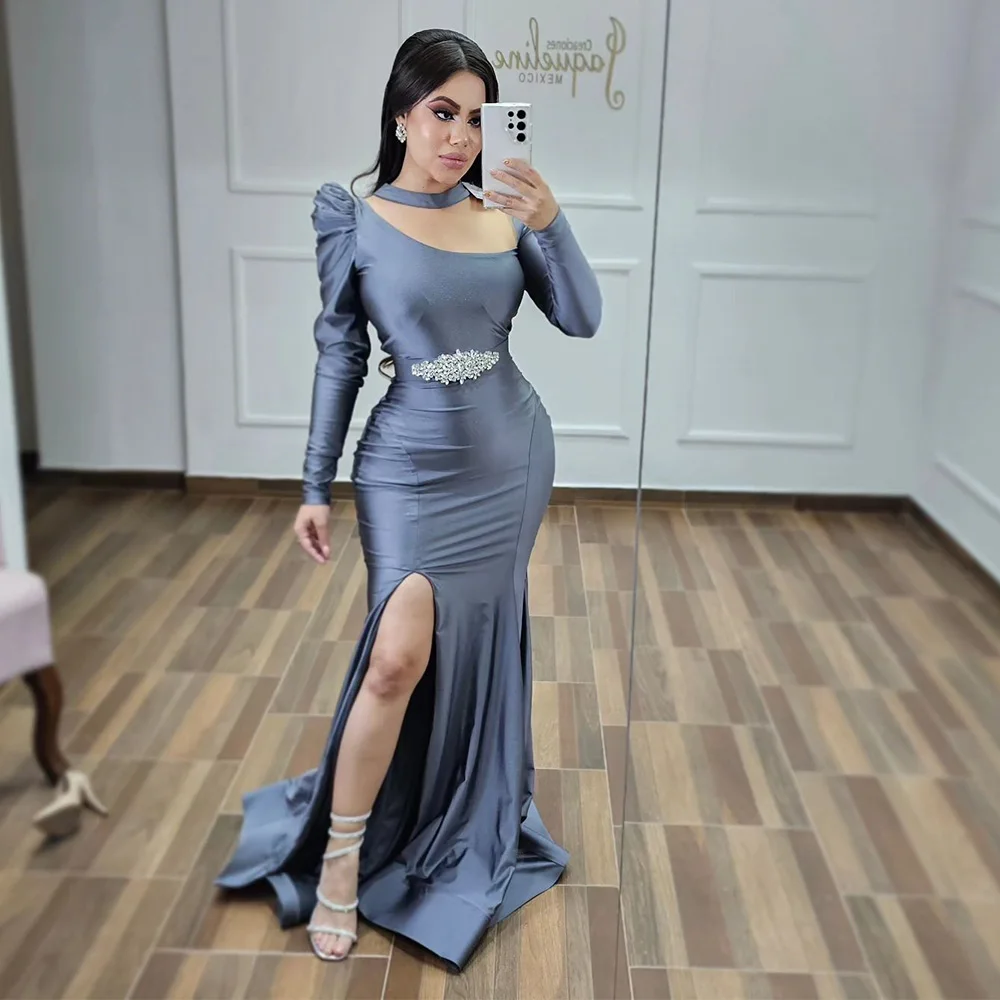 

Long Sleeve Sheath High Slit Evening Dress Round Neck Vintage Satin Prom Gown Maxi فساتين السهرة 2023 جديده