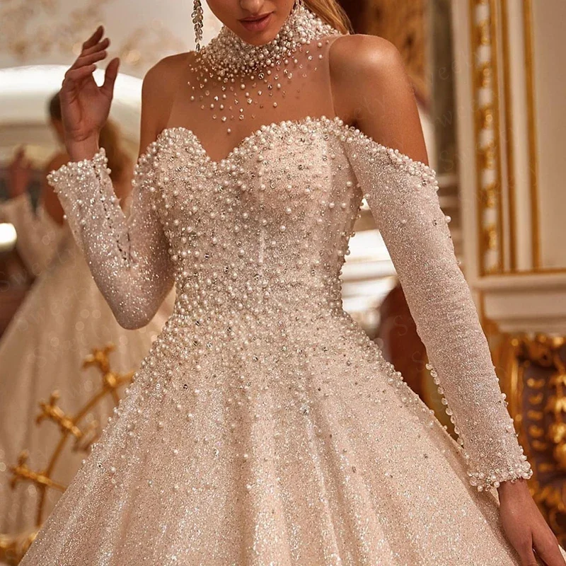 Glitzerndes Hochzeitskleid, bestickte Spitze mit Perlen, Ballkleid, Perlen, Stehkragen, volle Ärmel, Kirchenhochzeit, maßgeschneidert, Vestido De Novia